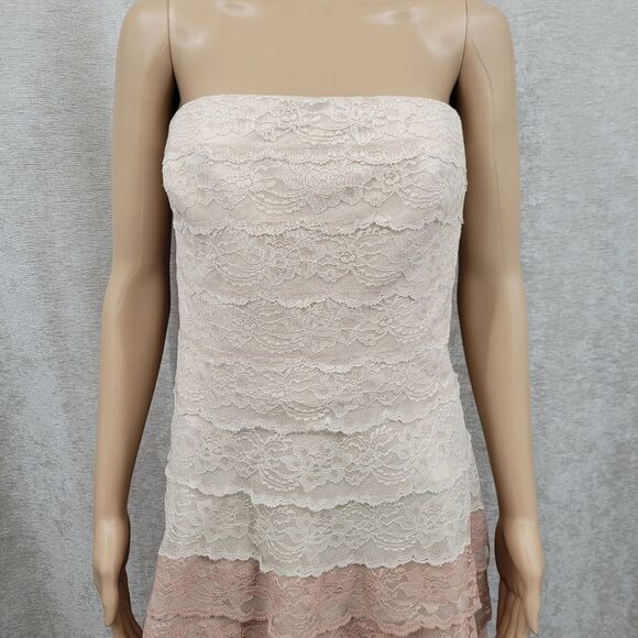 Carmen Marc Valvo Strapless Lace Dress in Cream Pink Mauve Ombre Midi Length - Picture 3 of 15
